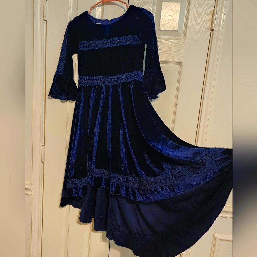 Trish Scully Girls Elegant Navy Blue Velvet Dress Size 14